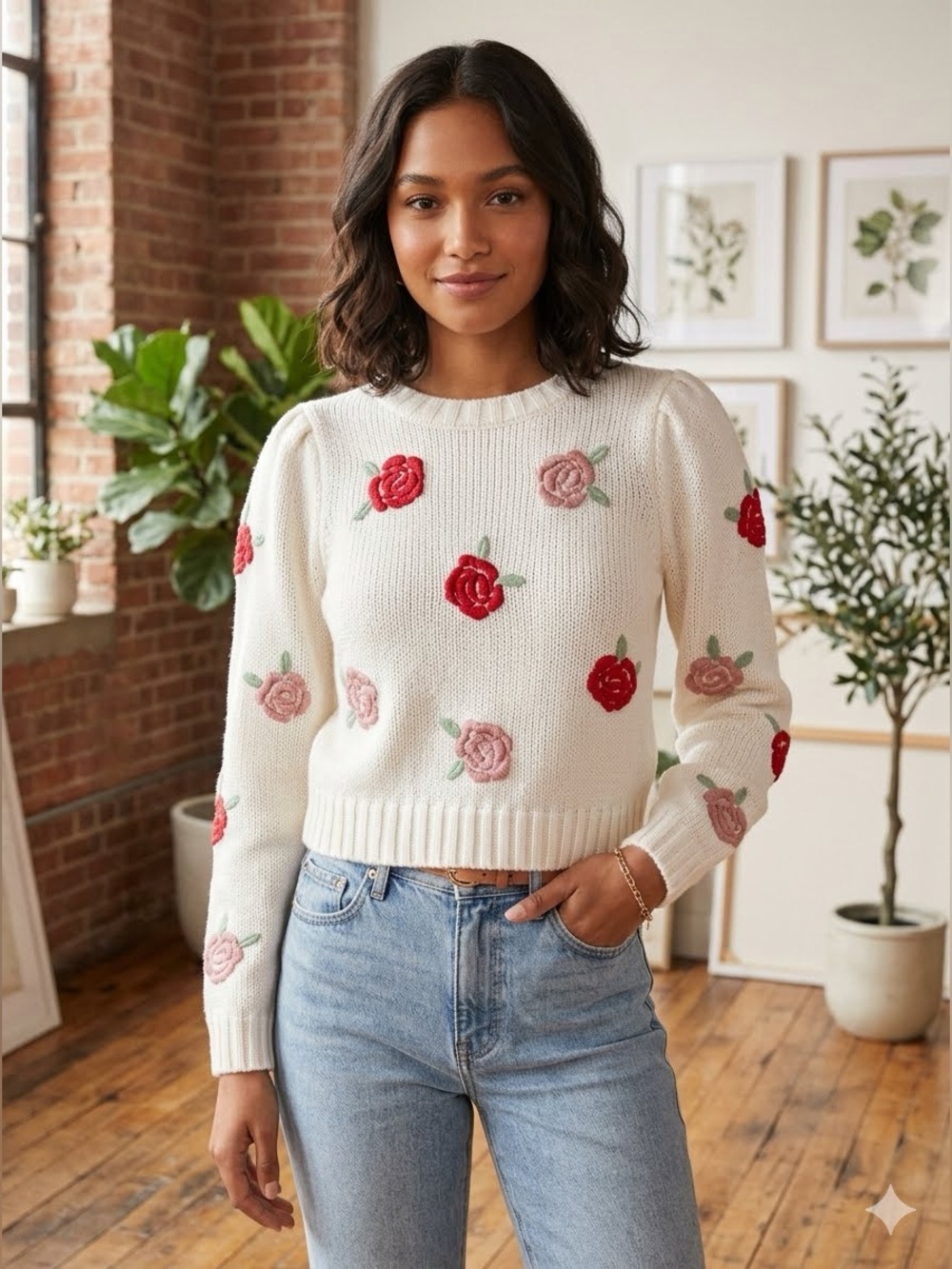 Jessica Simpson “Smell the Roses” Floral Embroidered Cottagecore Sweater S
